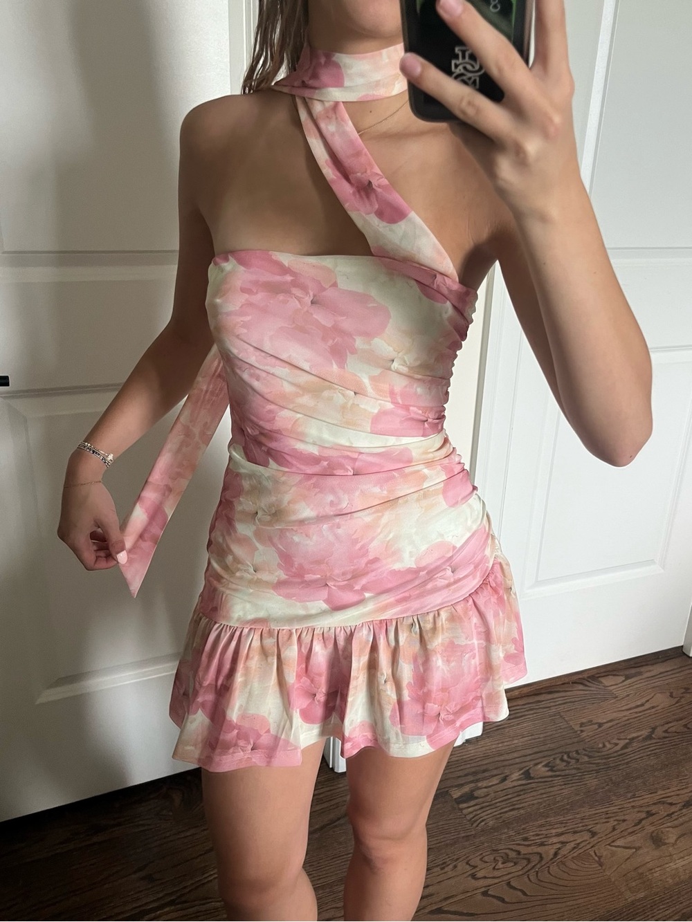 NWT Peppermayo Pink Floral Strapless Ruffle Mini Dress with Scarf Tie